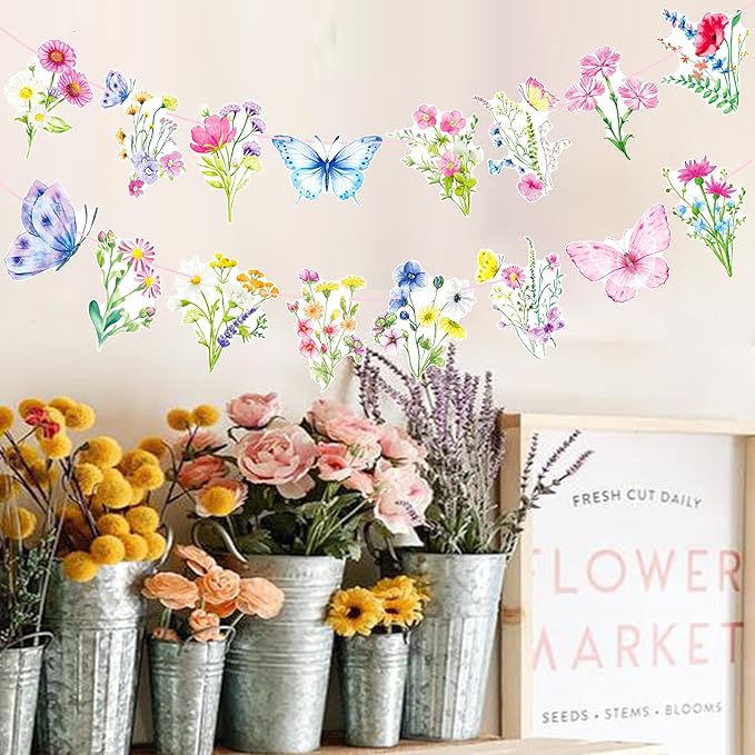Wildflower Party Banners 2PCS Wildflower Birthday Party Supplies Spring Floral Party Decorations Wildflowers Themed Cutout Banner for Girl Women Garden Themed Decor