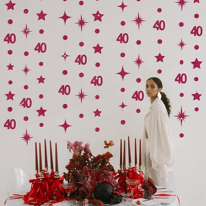 Burgundy 40th Birthday Decorations Number 40 Circle Dot Star Garland Glitter Streamer Banner Backdrop for Women Men Forty Fabulous Cheers to 40 Years Old Birthday 40th Anniversary Party Supplies