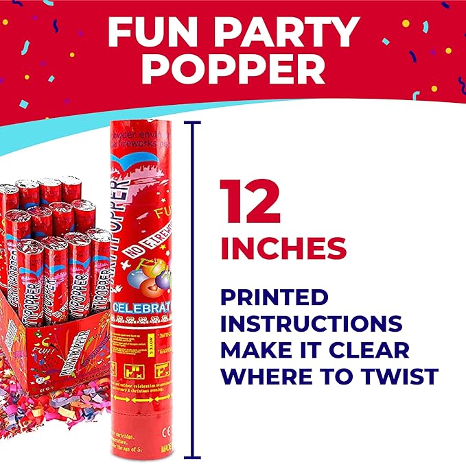 Toysery 12 Pack Confetti Cannons - Multicolor Compressed 12-inch Large Party Poppers for Birthdays, Weddings, Indoor or Outdoor Parties, Christmas Eve, and New Year Celebrations