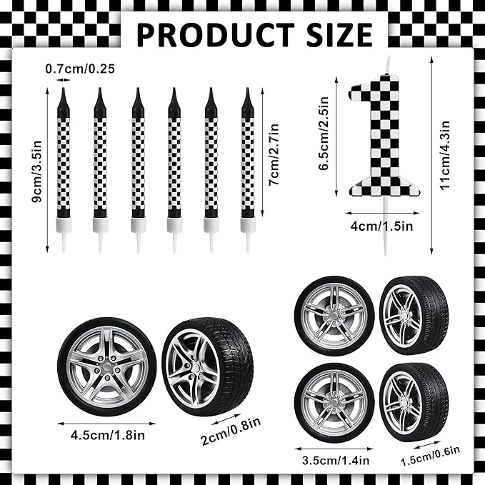 13 Pcs Racing Cars Themed Birthday Candles, Black and White Checkered Birthday Cake Candles, Numeral 1 Candle Wheel Tire for Racing Car Party Decoration Theme Party Supplies (Number 1)