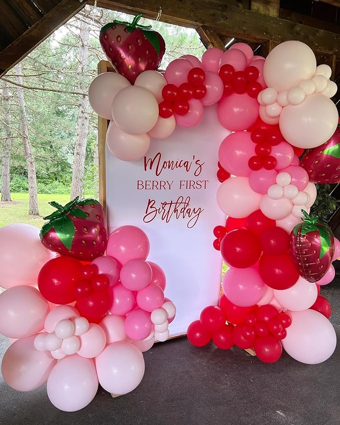 240pcs Strawberry Balloon Arch Garland Kit, Red and Pink Balloons with Strawberry Foil Balloons for Girls Sweet One Berry First Birthday Baby Shower Valentine's Day Party Decorations