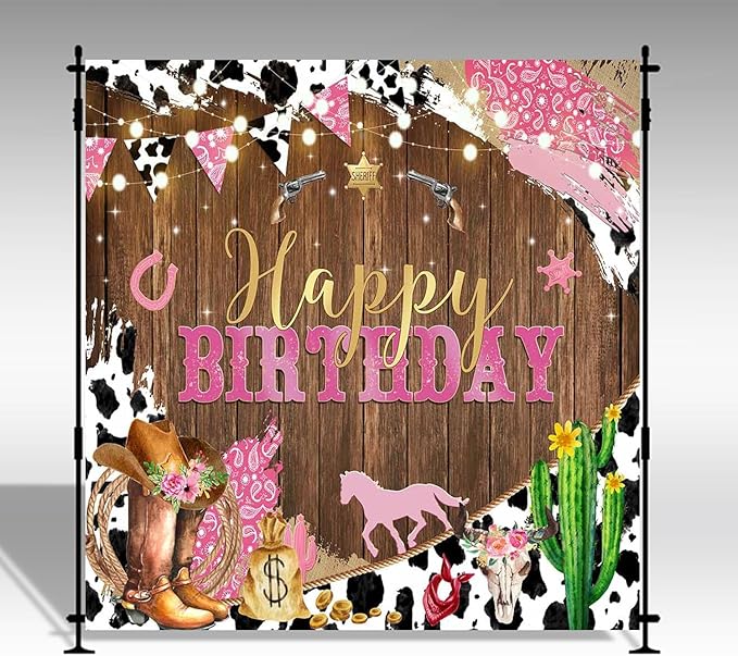 Mocsicka Western Cowgirl Happy Birthday Backdrop Brown Wood Kids Birthday Party Decorations Banner Rustic Old West Rodeo Cowgirl Photography Background Cowgirl Party Supplies (8x8ft(96x96 inch), Pink)