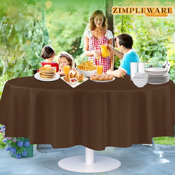 ZIMPLEWARE Premium Brown Plastic Table Cloth Disposable (12 Pack) Round Tablecloth (84in) Party Table Cloths Disposable, Perfect Table Cloth Round Cover for Any Table Up to 6 Feet