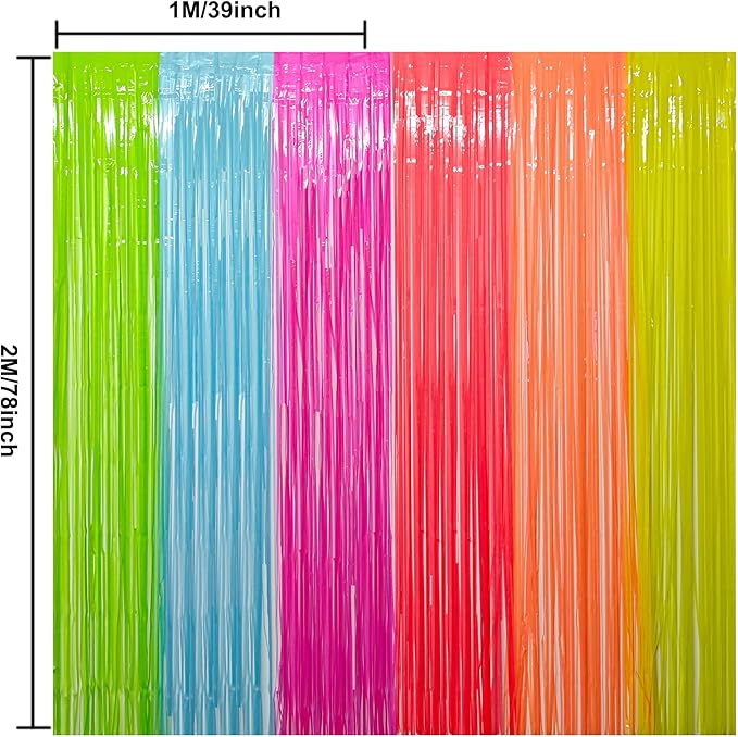 2pcs Glow in The Dark Party Supplies Neon Party Decorations 39 * 78 Inch Polychromatic Fluorescent Macaron Tassel Backdrop Foil Curtain Suitable for Fluorescent Birthday and Light Party Decorations