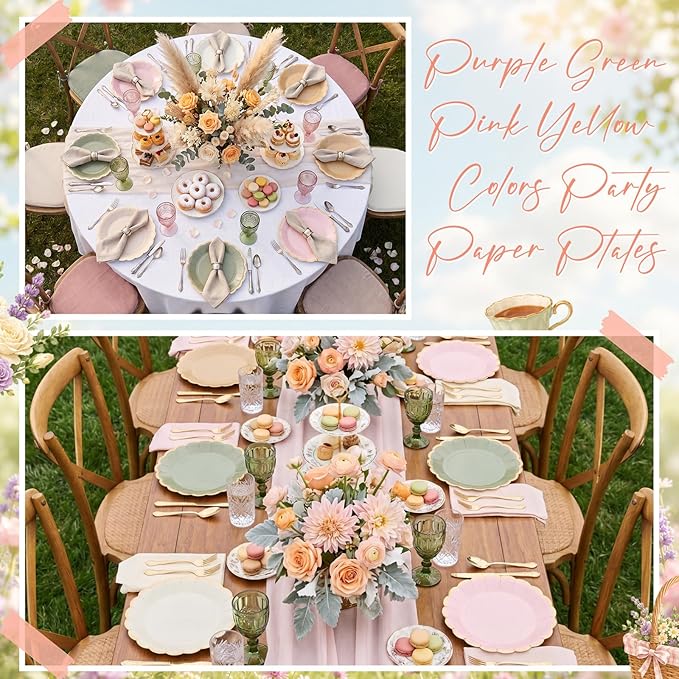 Paper Plates 9 Inch Gradient Scalloped Paper Plates Disposable Dinner Dessert for Birthday Wedding Bridal Party Supplies, 6 Colors (Sage Green and Pink,96)