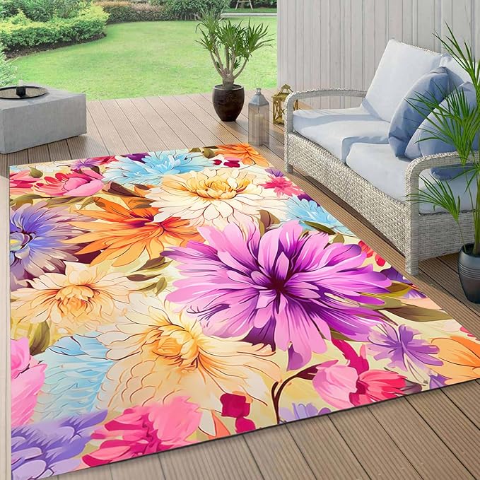 Waterproof Floral 6x9 Outdoor Rug Modern Vibrant Rugs for Balcony Patio Porch Garden Camping Pool Machine Washable Non Shed Outside Carpet Unique Easy Clean Flower Mat Pink Purple