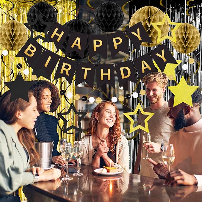 ZERODECO Birthday Decorations, Happy Birthday Banner with Paper Honeycomb, Star Hanging Swirl, Fringe Curtain, Garland, Birthday Party Decorations for Women Men Boys Girls (Black Gold)