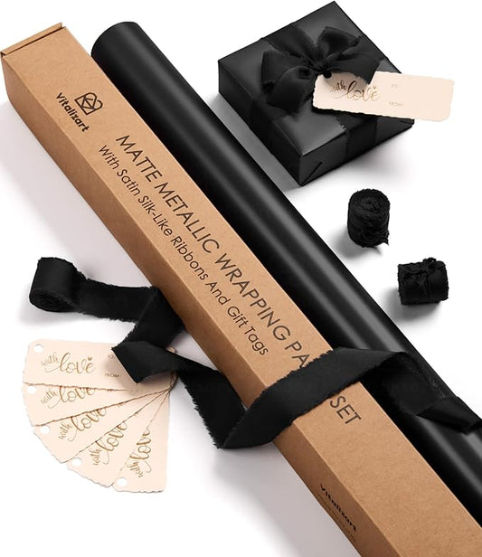 Vitalizart Black Matte Metallic Wrapping Paper Set 30" With Silk Satin Ribbon & Gift Tags Christmas Gift Wrapping Birthday Baby Shower Wedding Bouquets Handmade Crafts 197"(16.4 Ft) Black Ribbon