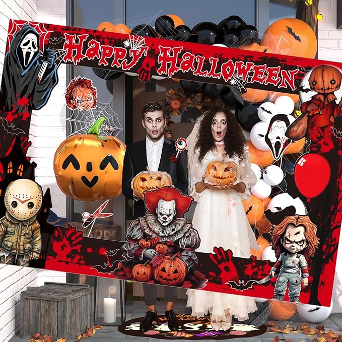 Halloween Photo Booth Props Kit, 16PCS Photo Props & Selfie Frame Halloween Party Decoration Supplies Dress Up Party Costumes Accessories for Photoshoot Selfie Props (Red)