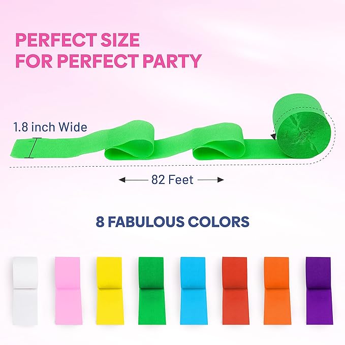 8 Crepe Paper Streamers Rolls, 656ft Pack of Unique 8 Rainbow Streamers Party Decorations, Birthday Streamers, Party Streamers for Wedding Decoration (1.8 inch x 82 ft/Roll)