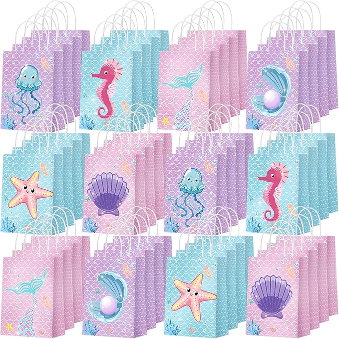 Outus 48 Pcs Mermaid Birthday Party Favor Bags Mermaid Gift Goodie Treat Candy Bags Under the Sea Gift Wrap for Kids Princess Baby Shower Party Supplies
