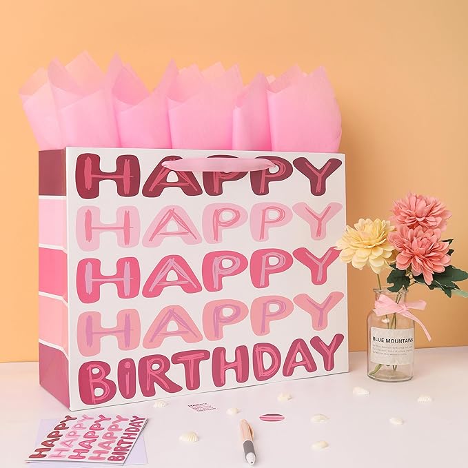 Qirrmiy 16.5" Extra Large Pink Happy Birthday Gift Bag Set with Handles, Greeting Card, Tissue Papers and Stickers for Women Girls Kids Teens, Words Design, 1 Pcs