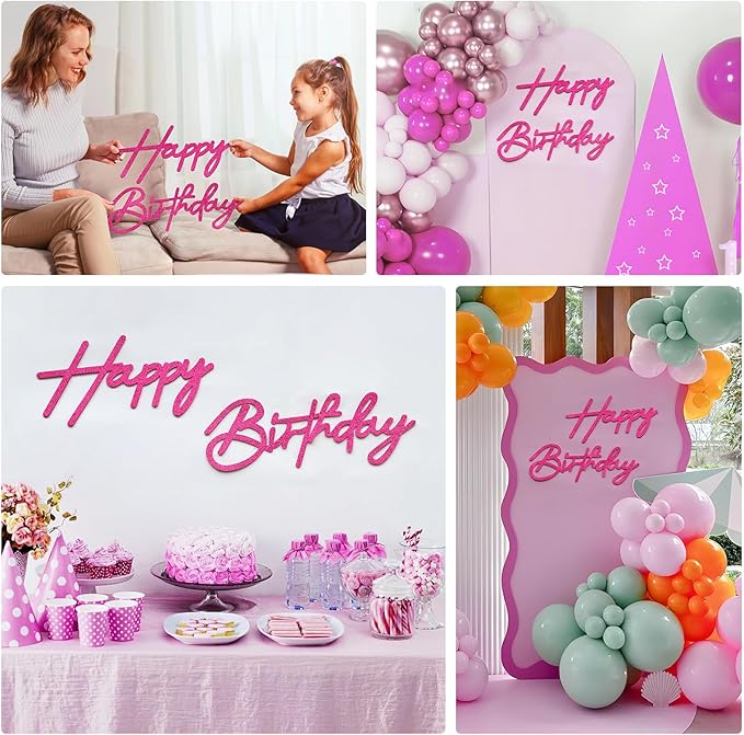 Glitter Hot Pink Happy Birthday Sign for Arch Backdrop - Felt Happy Birthday Letters for Balloon Arch Removable Reusable Large Signs for Boys Girls Women Party Wall Decor