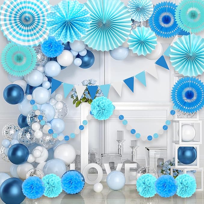 LRCXL Blue Party Decoration, 21Pcs Blue Hanging Paper Fans, Paper Pom Poms Flowers, Pennant, Garland String, Banner for Boy Birthday, Bridal Shower, Baby Boy Showers, Wedding