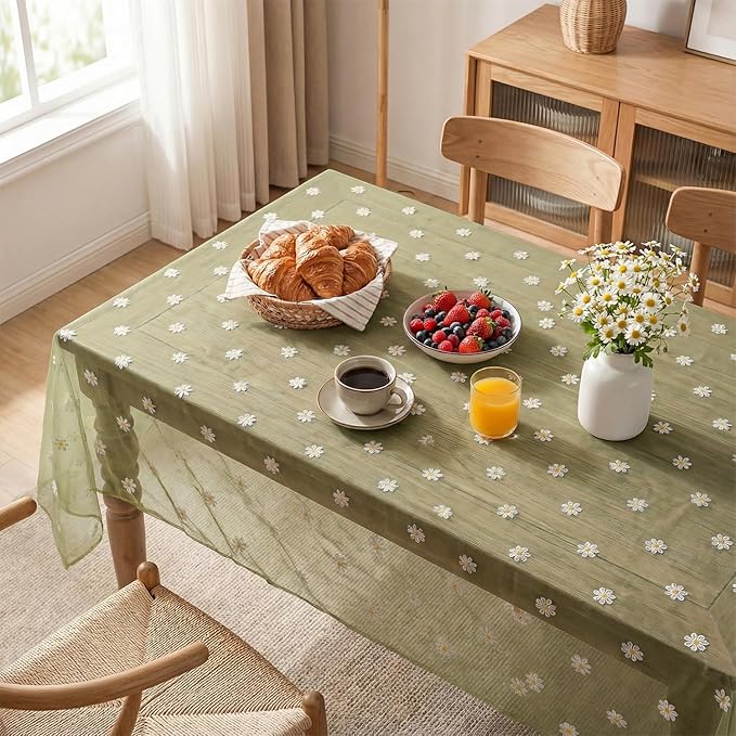 Horaldaily Sage Green Embroidery Daisy Spring Summer Gauze Tablecloth 60×84 Inch Rectangular, Seasonal Tulle Table Cover, Garden Party Decorations for Wedding, Party, Holiday Dining