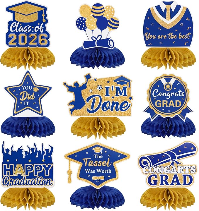 Graduation Decorations Class of 2026 Honeycomb Centerpieces, 9PCS Graduation Centerpieces for Tables, Congrats Grad Table Toppers Decor for 2026 Kid Men Women Graduations Party Decorations (Blue Gold)