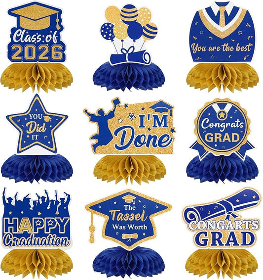 Graduation Decorations Class of 2026 Honeycomb Centerpieces, 9PCS Graduation Centerpieces for Tables, Congrats Grad Table Toppers Decor for 2026 Kid Men Women Graduations Party Decorations (Blue Gold)