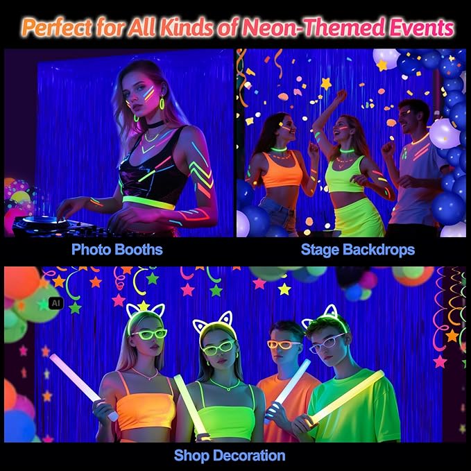 Glow in The Dark Party Supplies 2 Pack Neon Party Decorations Fluorescent Tinsel Foil Fringe Curtains Photo Booth Prop Backdrop Streamer Blacklight Decorations (Neon Blue)