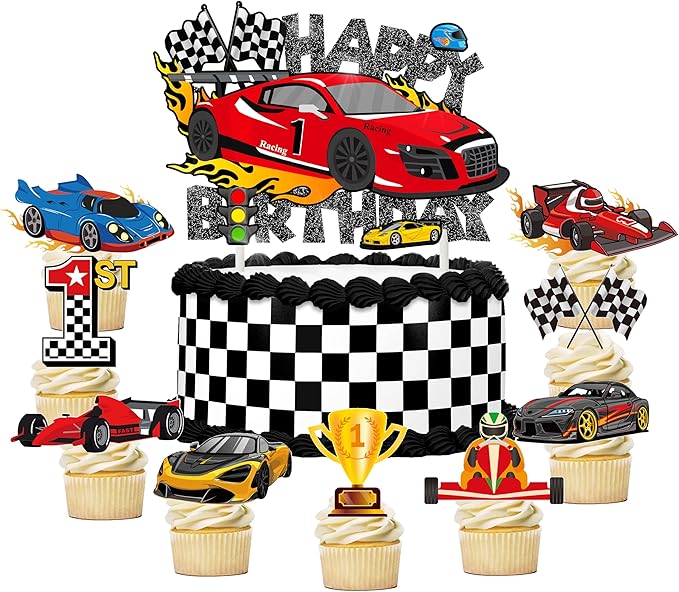 37pcs Race Car Birthday Cake Decorations Racing Car Cupcake Toppers Glitter Race Car Cake Toppers Decorations Racing Car Themed Party Favors for Race Car Themed Birthday Party Supplies