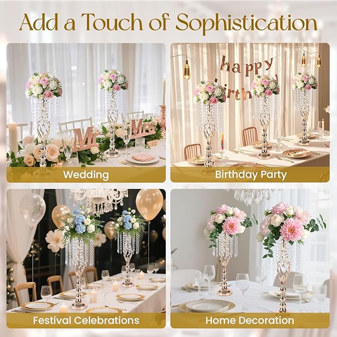 10 Pcs 21.6 Inch Crystal Flower Stand Gold Wedding Centerpieces Gold Flower Stand Vases Centerpiece Decorations for Wedding Party Reception Birthday Party Decor (L-21.6inch)