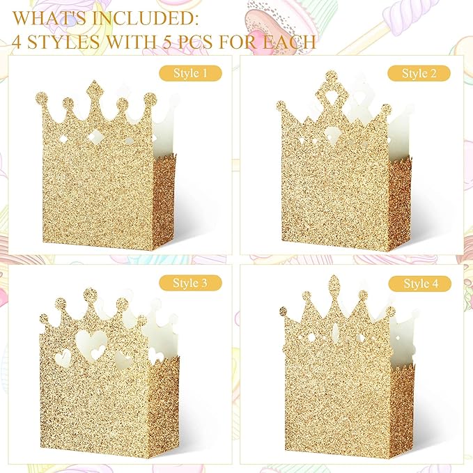 Outus 20 Pieces Princess Crown Boxes Glitter Princess Party decoration Glitter Party Favor Candy Boxes Gold Gifts Container for Wedding Birthday Baby Shower Supplies