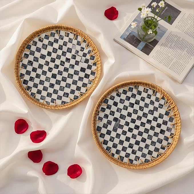 Round Rattan Tray with Mother of Pearl Inlay, Handwoven Wicker Coffee Table Serving Basket Tray for Fruit Snack Party Picnic Cafe Bedroom Kitchen Home Decor Set of 2 (Checkerboard)