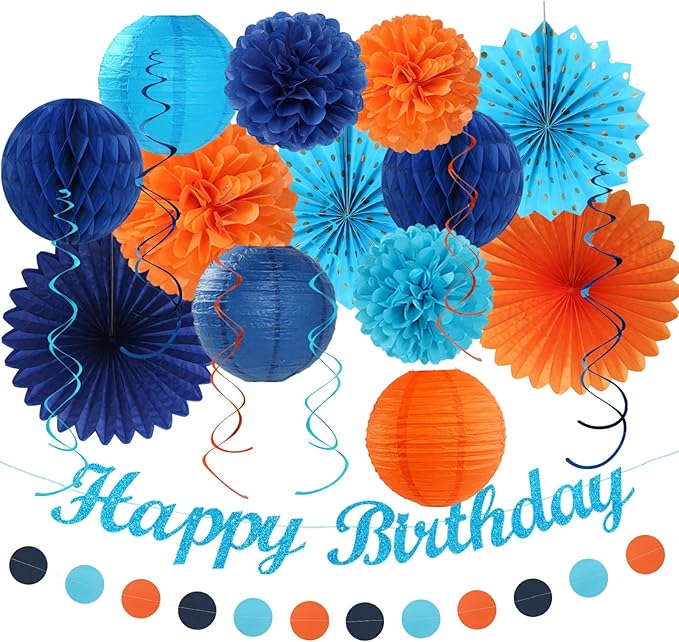 Orange Blue Men Birthday Decorations - 21pcs Happy Banner Garland,Bluey Paper Streamers Lanterns,Flower Tissue Pom Poms Fan Supplies,Hanging Wall Backdrop Party Decor Huglony