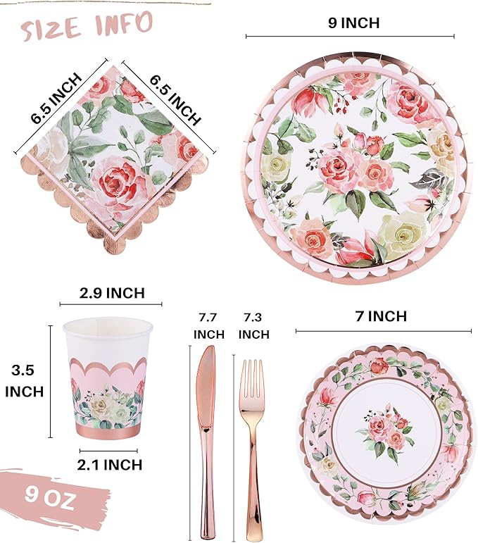 Vintage Floral Party Supplies Rose Gold for Mother's Day - Serves 16 - Includes Flower Paper Plates Cups Napkins Knifes Forks for Baby Shower Bridal Shower Wedding Birthday Decorations Tea Party