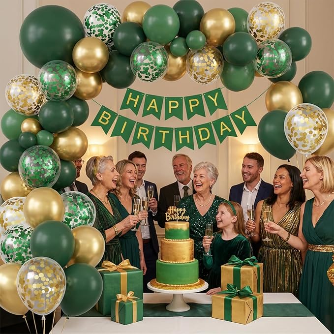 Hiquaty Green and Gold Latex Balloons,50pcs 12 inch Dark Green Balloons Gold Confetti Balloons with Ribbon for Birthday St. Patrick's Day Wedding Party Decoration