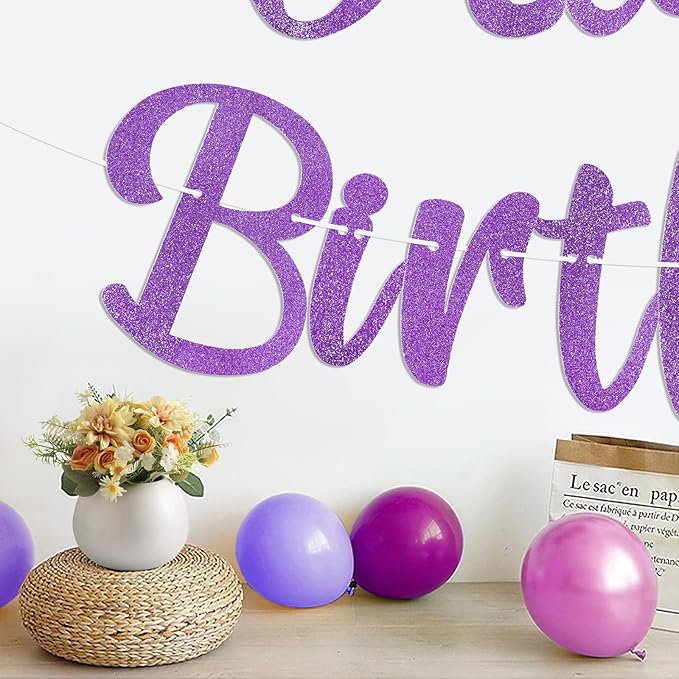Pre-Strung Happy Birthday Banner, NO DIY Birthday Decorations with Circle Dot Garland and Butterflies, Happy Birthday Party Decorations for Women Girls (Purple)