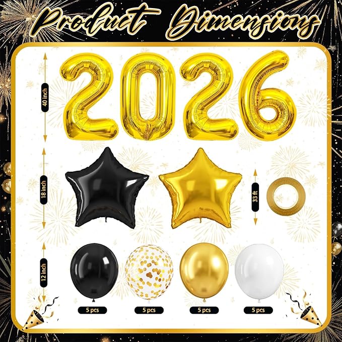 2026 Black and Gold Graduation Decorations Balloons Kit - 40 Inch Gold 2026 Number Balloons, Graduation Party Supplies 2026 for High School College Graduation, Class of 2026 Grad Decor