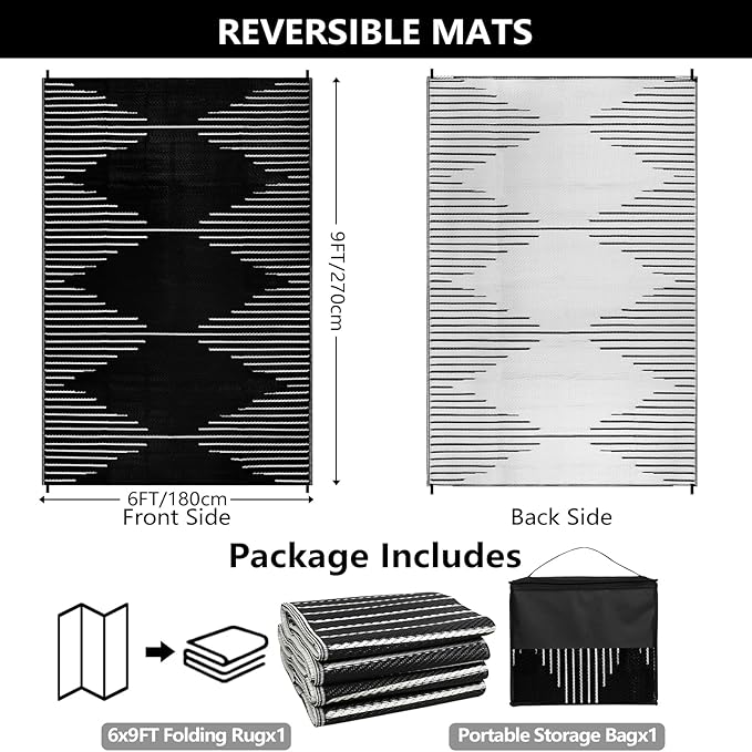 Falflor Outdoor Rug Waterproof 6x9 ft, Reversible Outdoor Plastic Straw Rug, Large Outdoor Patio Rug for RV Camping, Indoor Outdoor Rugs for Porch Deck Backyard Balcony Picnic Beach