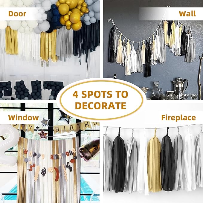PIGETALE Crepe Paper Streamers 8 Rolls 656ft, Pack of Silver, Black, White and Gold Party Streamers for Christmas Birthday Wedding Baby Shower Backdrop New Years Eve Decorations (1.8Inch x 82Ft/Roll)