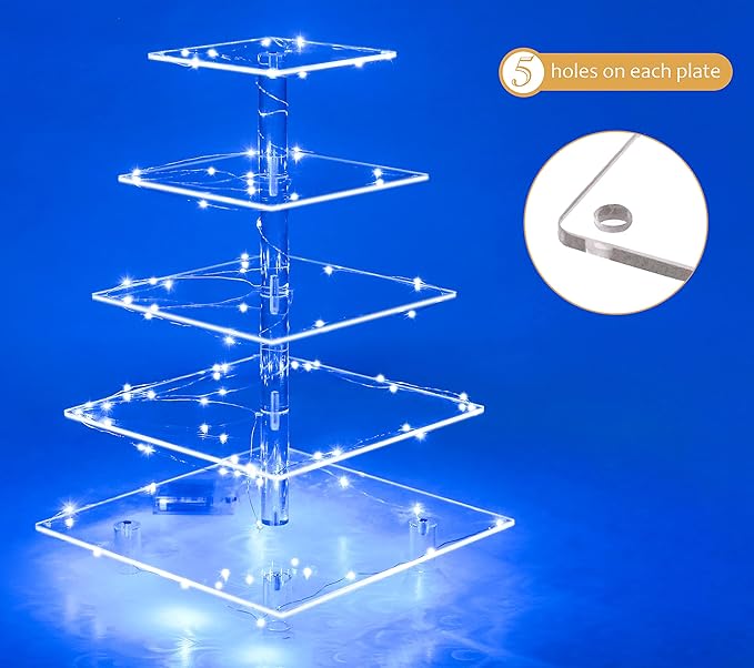 Jusalpha 5 Tier Square Cupcake Stand with Light- Premium Cupcake Holder - Serving Tray-Acrylic Cupcake Tower - Ideal for Weddings Birthday Parties, Candy Bar Decor (Blue，Power Charge:Battery)…