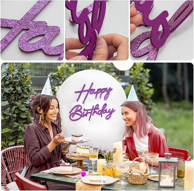 Purple Happy Birthday Sign for Backdrop - Glitter Purple Happy Birthday Letters Felt Sign Remove for Balloon Arch Party Balloon Arch Backdrop Decorations for Birthday Party Baby Shower
