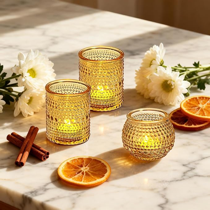 Rubtlamp Amber Votive Candle Holders Set of 24, 12Pack 2.1 * 2.7inch Glass Vintage Candles Holder 12Pack 2.1 * 2.1inch Tea Lights Candle Holders for Table Centerpiece Wedding Decor Home Decoration