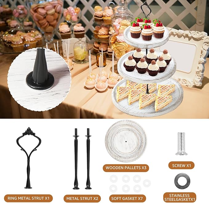 Wooden Cupcake Stand 3 Tiers, Rustic, 50 Cupcakes, Round Tiered Dessert Display, Wedding/Birthday Party, White
