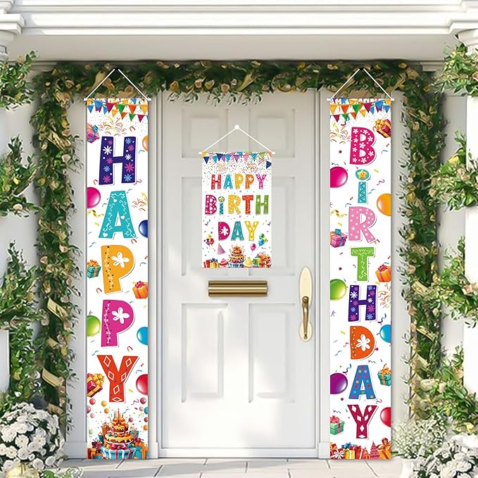 3 PCS Rainbow Happy Birthday Banner Set - Large 72" Photography Backdrop Door Porch Sign Wall Mount Party Decorations for Kids Boys Girls Indoor Outdoor Birthday Party Supplies (White)