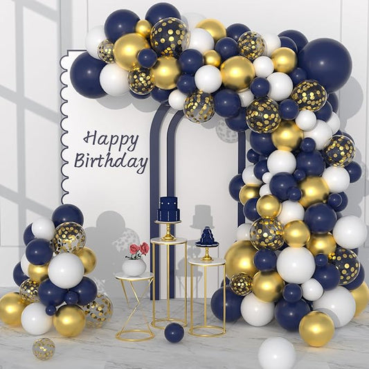 Navy Blue Gold Balloon Garland Arch Kit, 122PCS White Navy Blue Balloons Night Blue Metallic Gold Confetti Balloonsfor Men Women Birthday Baby Shower Retirement Anniversary Graduation Party Decoration