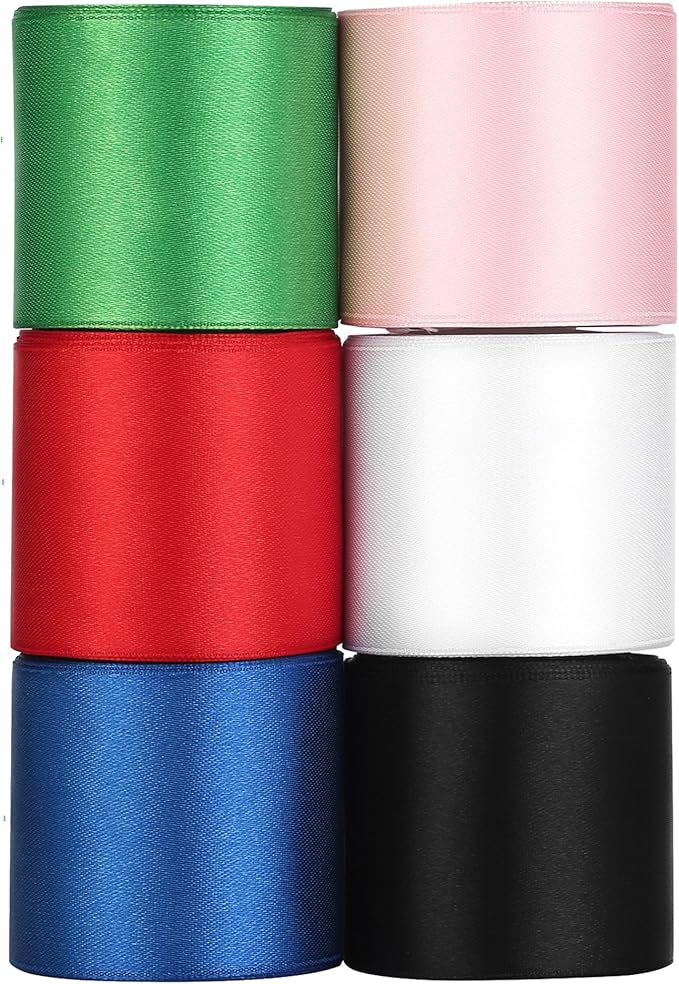 LIUYAXI Rainbow Satin Ribbon 2 Inch x 6 Rolls Total 60 Yards - Red/Green/Black/White/Pink/Blue Double Faced Stain Ribbon for Gift Wrapping Craft Wedding Party Christmas Decoration Baby Shower