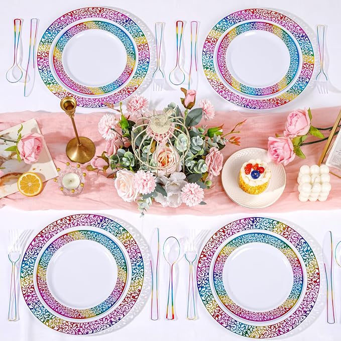 Supernal 120 PCS Clear Plastic Silverware Heavy Duty - Disposable Utensils Rainbow Colorful Silverware Set Include 40 Forks, 40 Knives and 40 Spoons for Trolls/Birthday Party, Baby Shower Decorations
