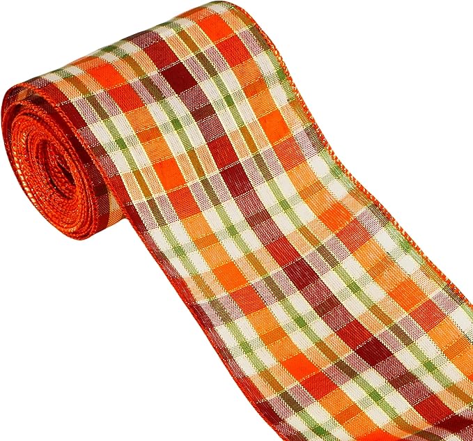 Meseey 4 Inch x 10 Yards Orange Burgundy Green White Plaid Wired Ribbon, Fall Buffalo Plaid Wired Edge Ribbons for Large Wreaths, Big Bows, Gift Wrapping, Thanksgiving & Halloween Decor
