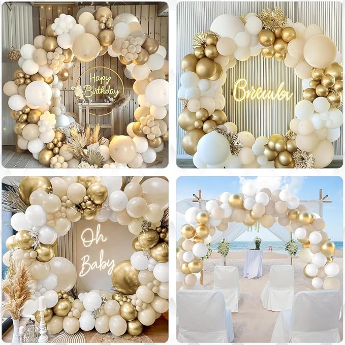 Archloon White Sand Gold Balloons Garland Arch Kit,192PCS White Nude Balloons with Metallic Chrome Gold Latex Balloons for Birthday Decorations