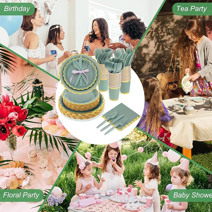 Ziliny Sage Green Plates and Napkins Party Supplies for Guests Woodland Baby Shower Tableware Include Scalloped Plates Paper Napkin Cup Spoon Fork Knife for Wedding, Birthday