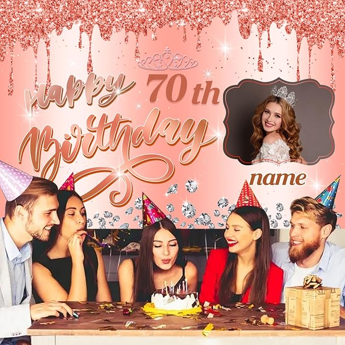 Dicodes Customizable Rose Gold Happy 70th Birthday Decoration Banner - Personalized with Name and Photo(70th)