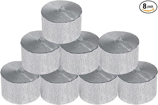 8 Rolls Silver Crepe Paper Streamers, Wedding Birthday Baby Shower Christmas New Year Party Decoration, Graduation, 4th of July, Rainbow DIY Supplies, Living Room Bedroom Decor