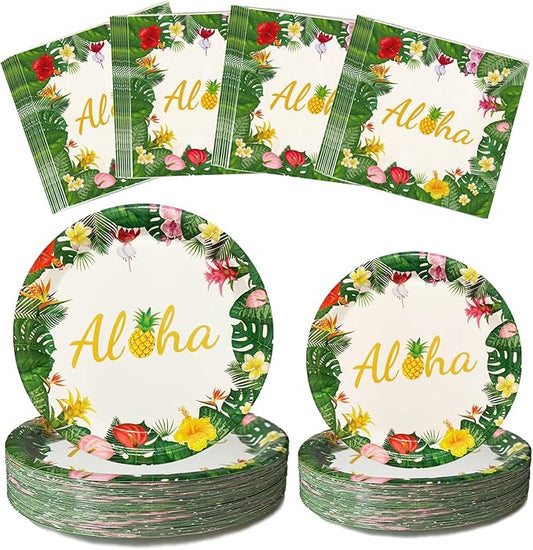 150 Pcs Tropical Luau Party Supplies Set Hawaiian Paper Napkins Plates Disposable Tropical Palm Leaf Plates and Party Napkins for Summer BBQ, Pool and Beach Aloha Birthday Decorations