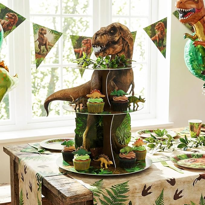 Censen 3 Tier Dinosaur Cupcake Stand Party Decorations Dinosaur Theme Cupcake Holder Decorations Dino Dessert Tower for Kids Dino Jungle Theme Party Birthday Supplies(Classic)