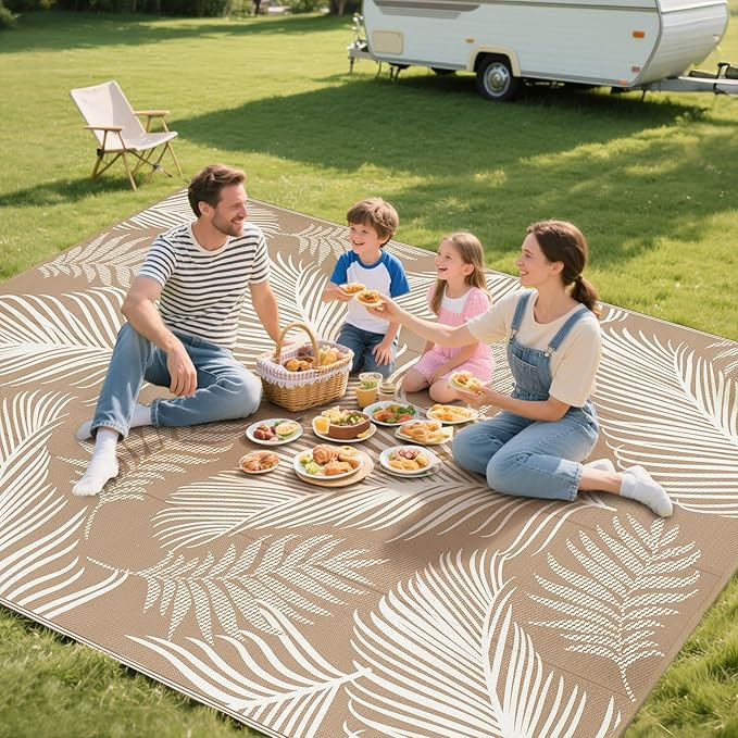 Pauwer Waterproof Outdoor Rug 8x10, Reversible Plastic Straw Patio Camping Rug, Indoor Outdoor RV Mat Carpet for Deck, Camper, Porch, Balcony, Backyard, Picnic, Leaf Brown