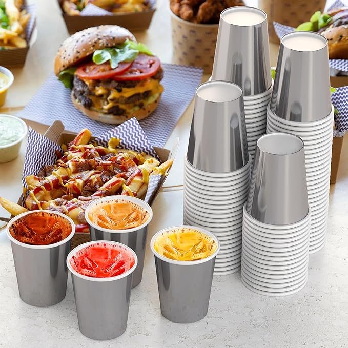 Party Solids Metallic Silver Paper Cups 9 oz Durable Disposable Cups 1000 Paper Tumblers for Hot Drinks and Cold Drinks Thick 280 GSM Hot Cup for Tea & Coffee Cup To Go Fun Colors for Parties & Events